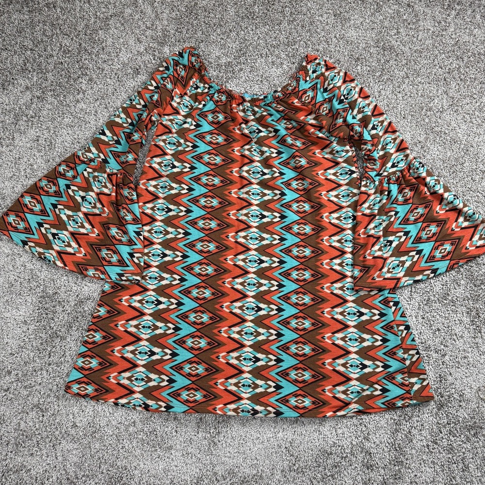 Womens Boho Top Large Aztec Southwestern Western‎ Bell Sleeve Festival Wear